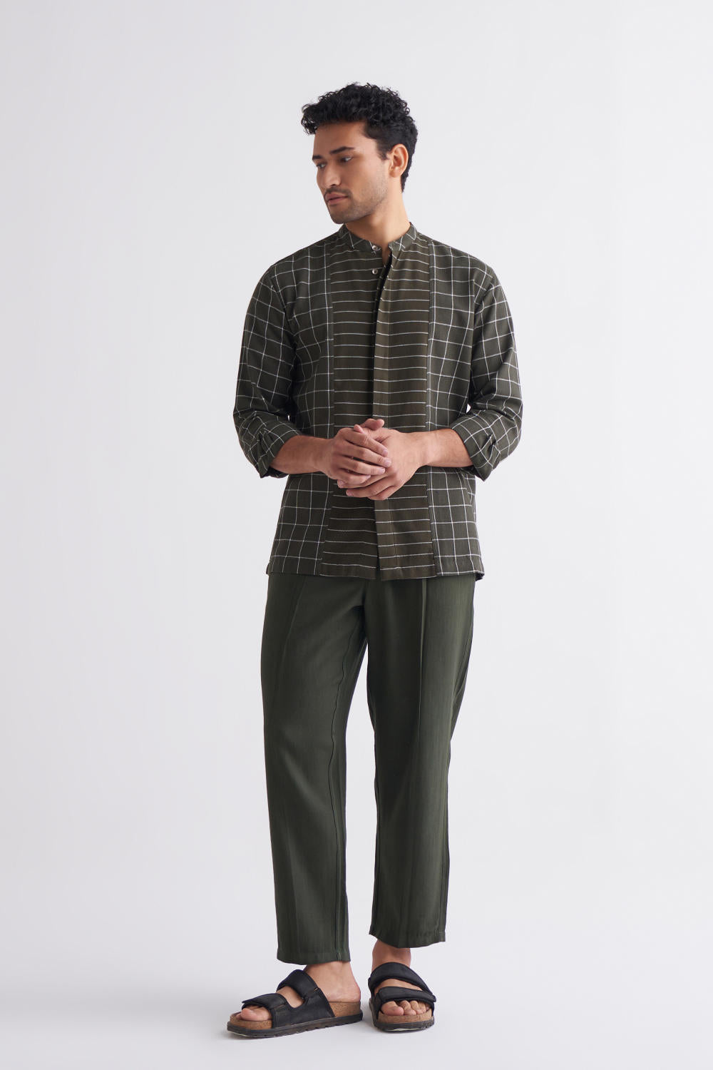 Band Collar Applique Shirt Co-ord- olive