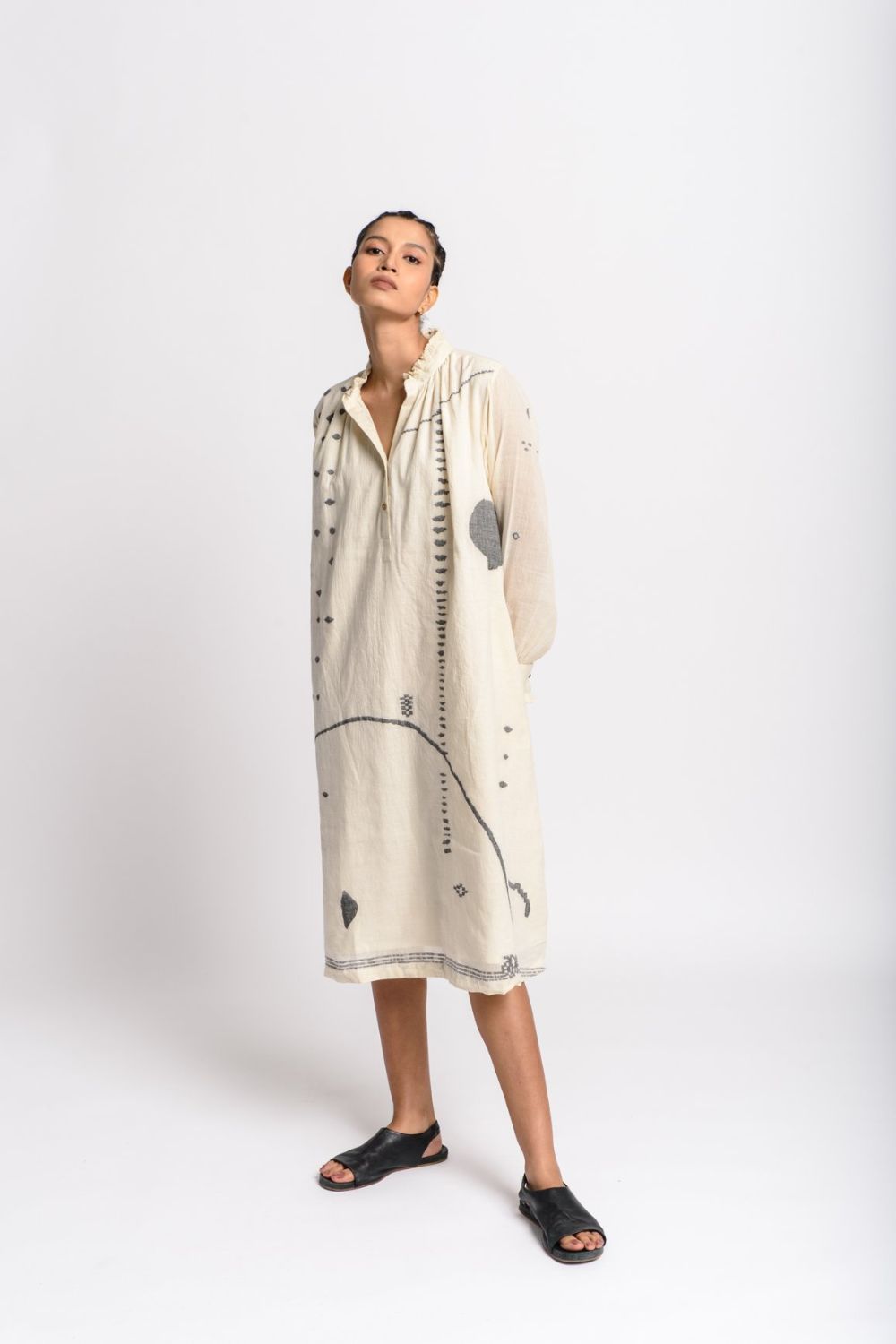 Abstract jamdani flared dress - Off - White