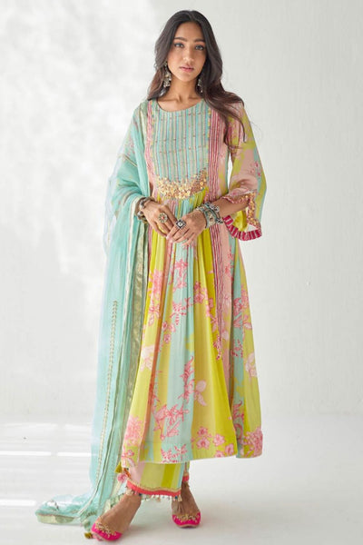 LIME YELLOW ORCHID FRONT PUCKERING YOKE KURTA SET