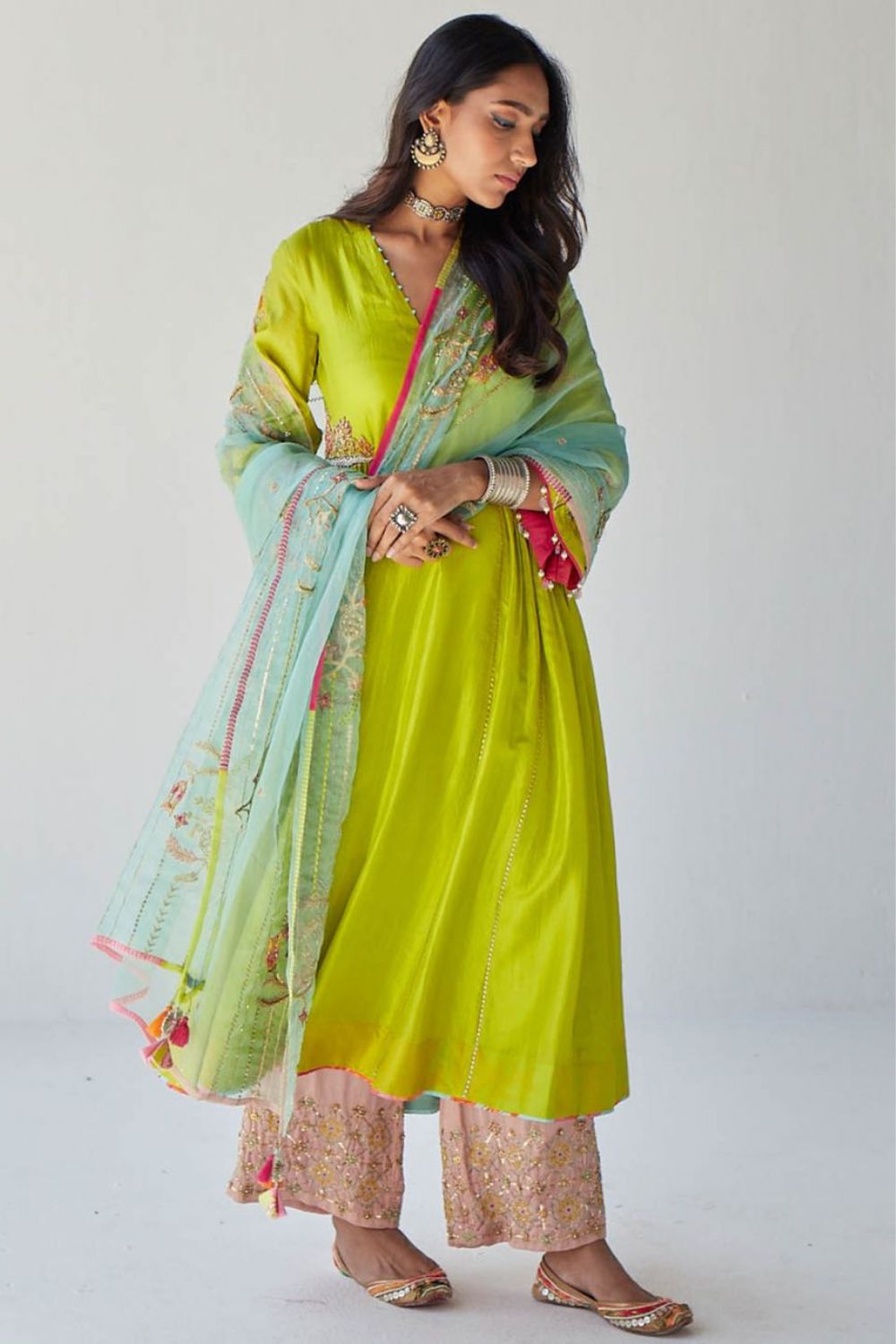 BRIGHT GREEN SIDE KALI KURTA SET