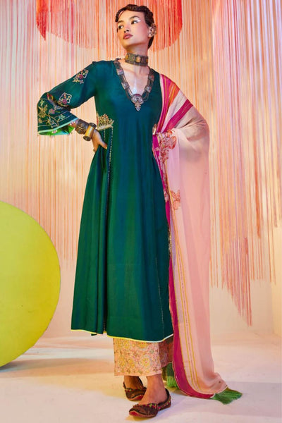TEAL GREEN SIDE KALI KURTA SET