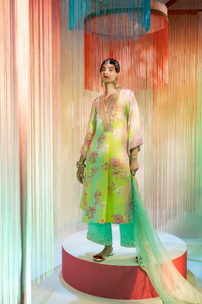LIME YELLOW ORCHID FRONT PLEAT KURTA SET