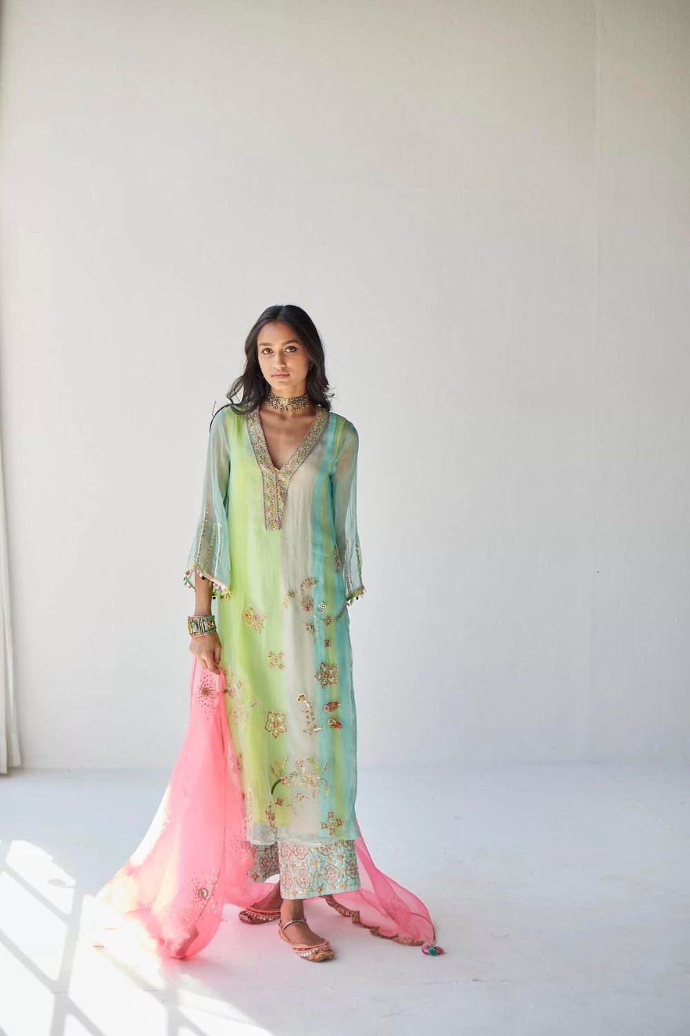 POWDER BLUE JAAL ORGANZA KURTA SET