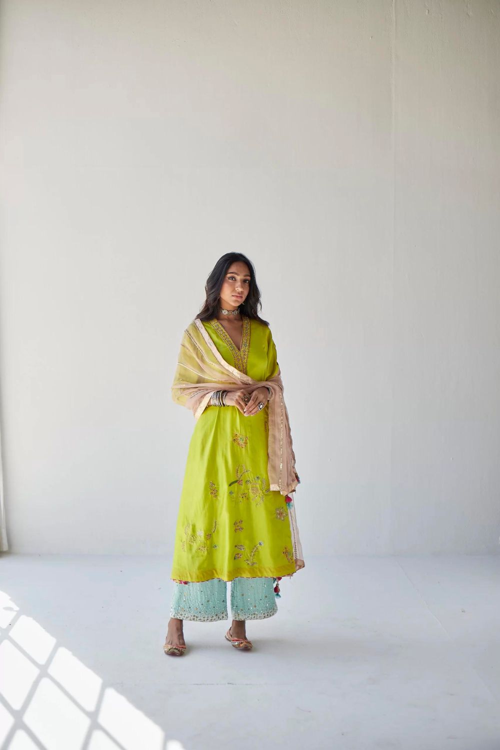 LIME GREEN JAAL SILK KURTA SET