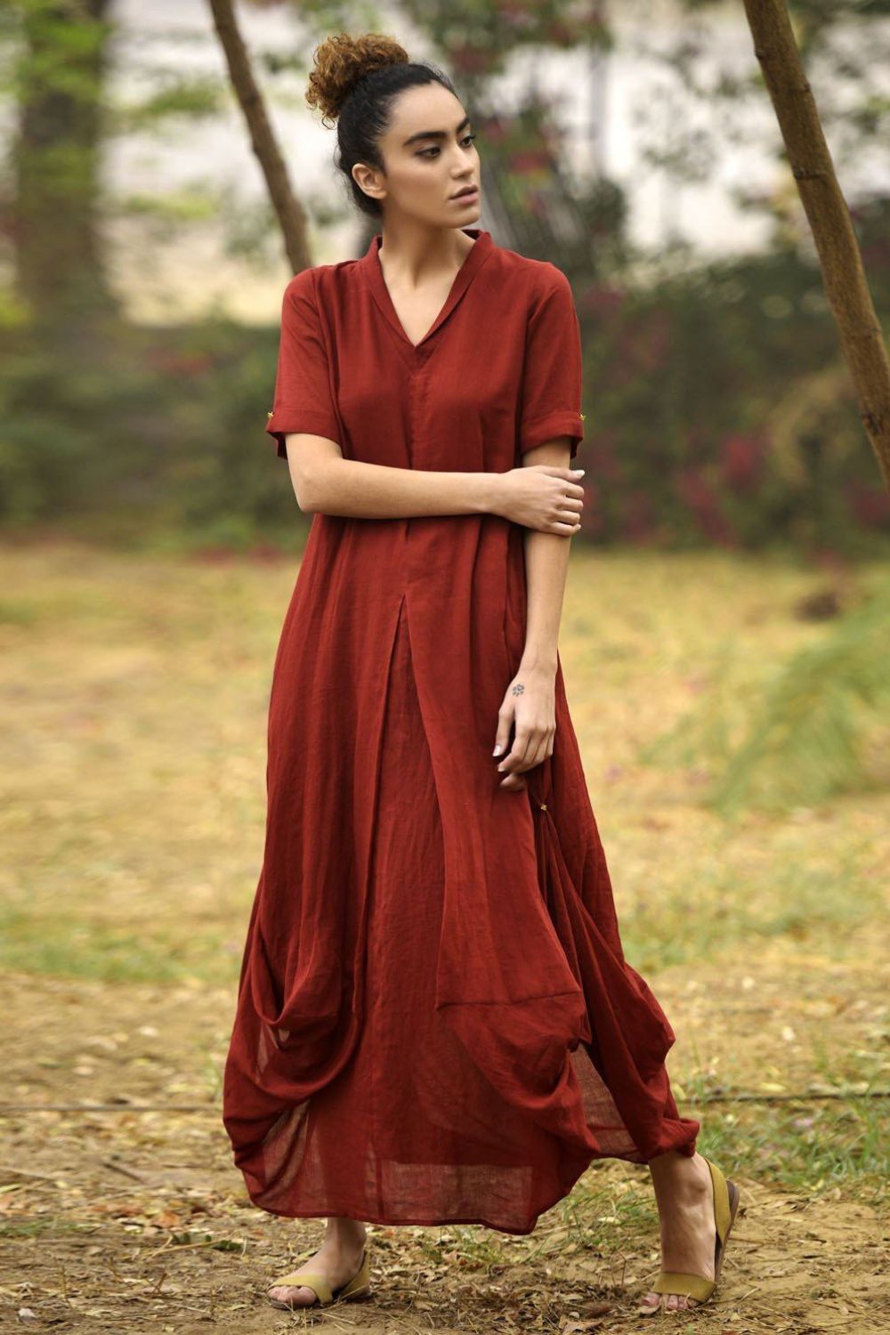 DEEP RED LOVE COWL AND DRAPE DRESS