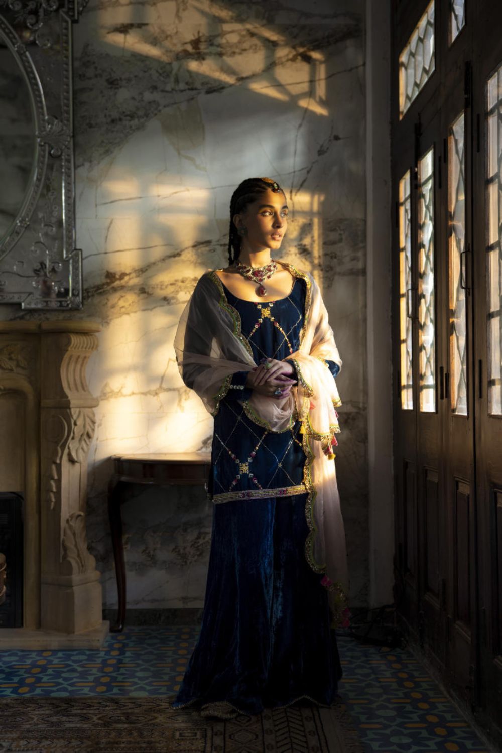 Fariba Blue Silk Velvet Sharara Set