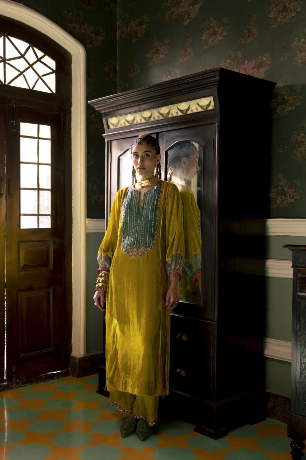 Fariba Lime Yellow Velvet Back Pleat Yoke Kurta Set