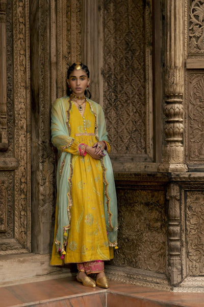 Fariba Lime Yellow Printed Back Yoke Kurta Set