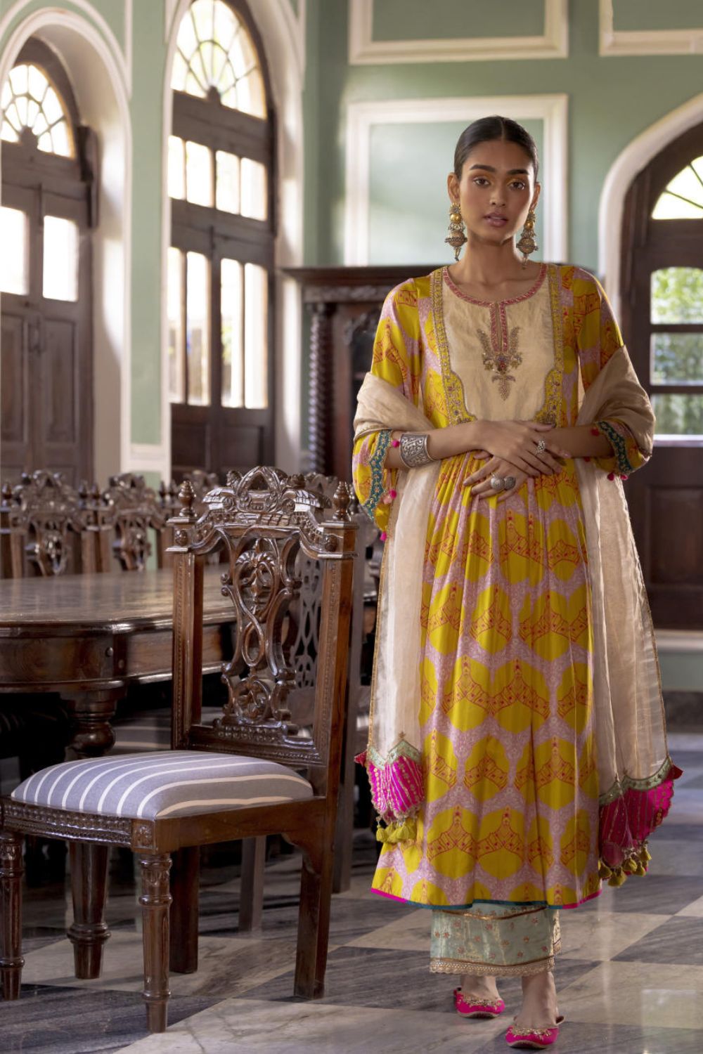 Fariba Lime Yellow Ivory Yoke Kurta Set