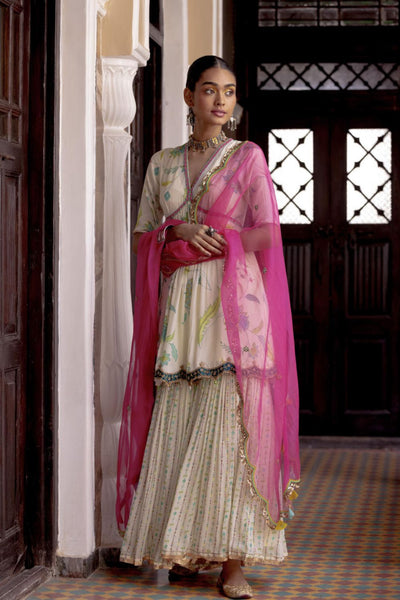 Fariba Ivory Printed Scallop Gharara Set