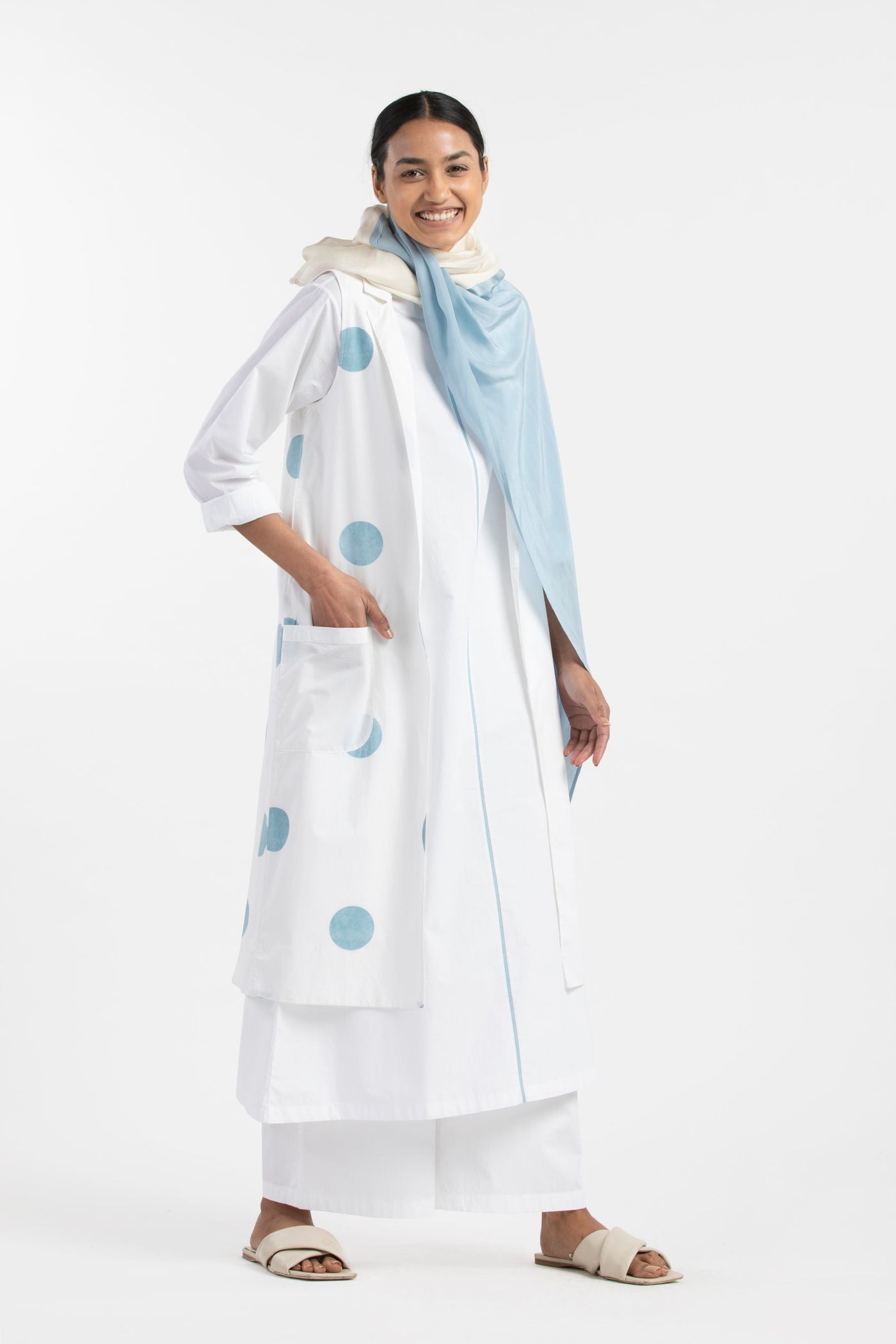 Back U Pleat Jacket- Powder Blue Polka Fashion THREE