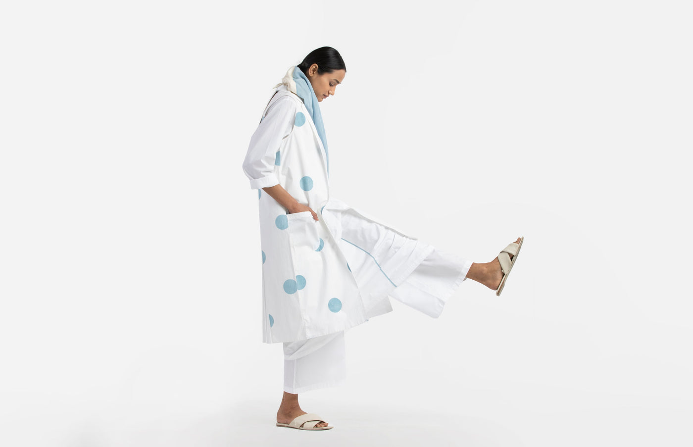 Back U Pleat Jacket- Powder Blue Polka Fashion THREE
