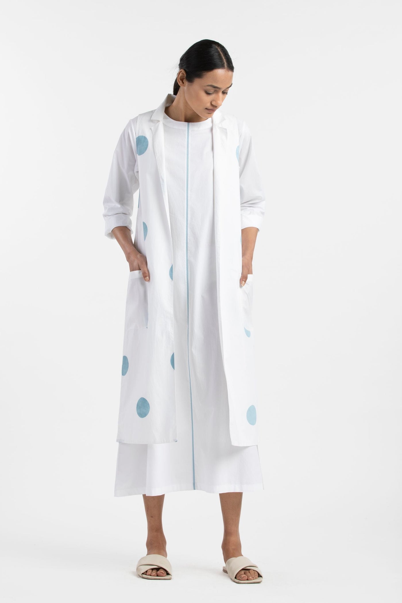 Back U Pleat Jacket- Powder Blue Polka Fashion THREE