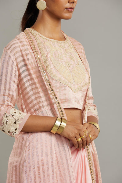 Banarsi stripe embroidered jacket and choli with solid drape skirt Fashion Myoho 