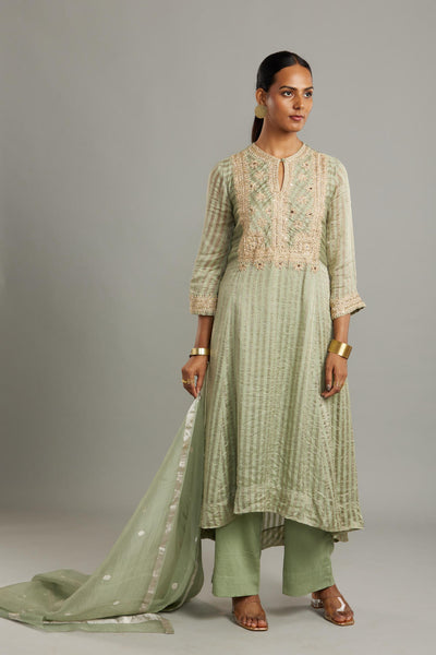 Banarsi stripe kathiawadi embroidered square yoke kurta with Solid pants and butti dupatta Fashion Myoho 