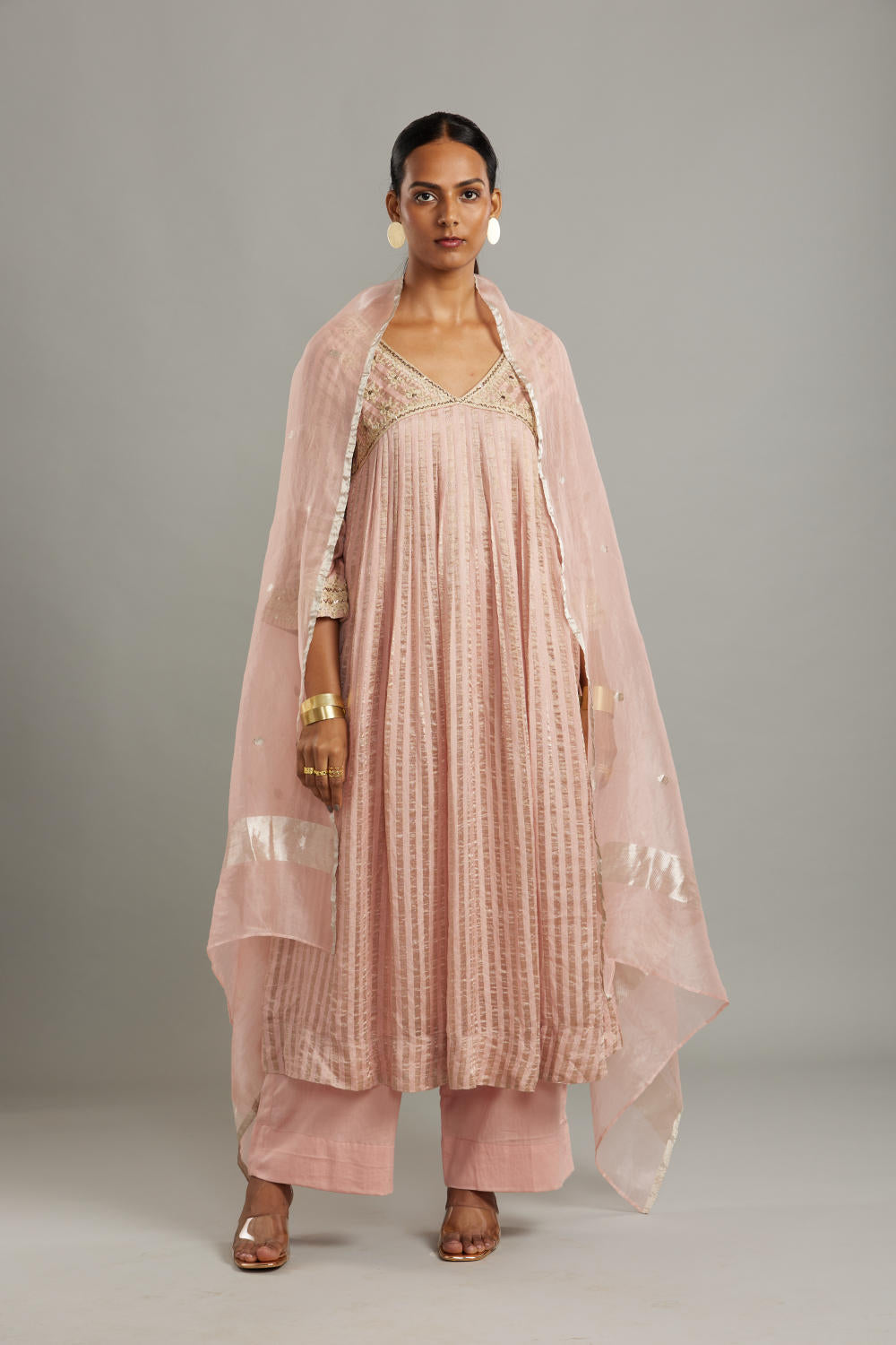 Banarsi Zari Stripe Kathiawadi Embroidered V yoke Kurta with Solid pants and Butti dupatta Fashion Myoho 