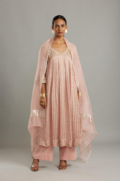 Banarsi Zari Stripe Kathiawadi Embroidered V yoke Kurta with Solid pants and Butti dupatta Fashion Myoho 