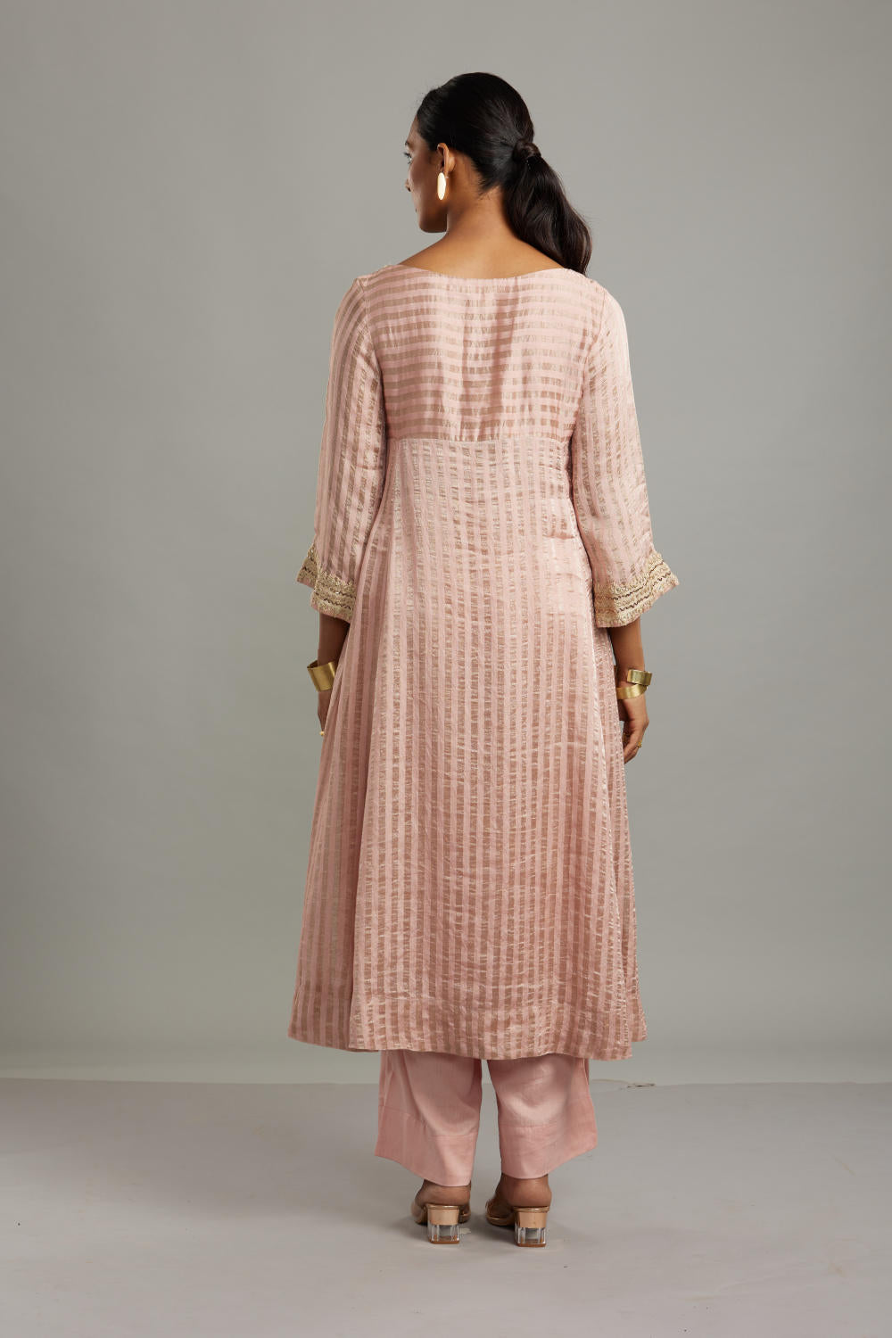 Banarsi Zari Stripe Kathiawadi Embroidered V yoke Kurta with Solid pants and Butti dupatta Fashion Myoho 
