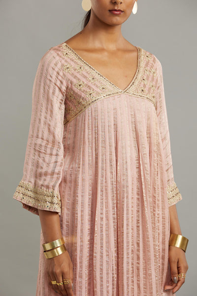 Banarsi Zari Stripe Kathiawadi Embroidered V yoke Kurta with Solid pants and Butti dupatta Fashion Myoho 