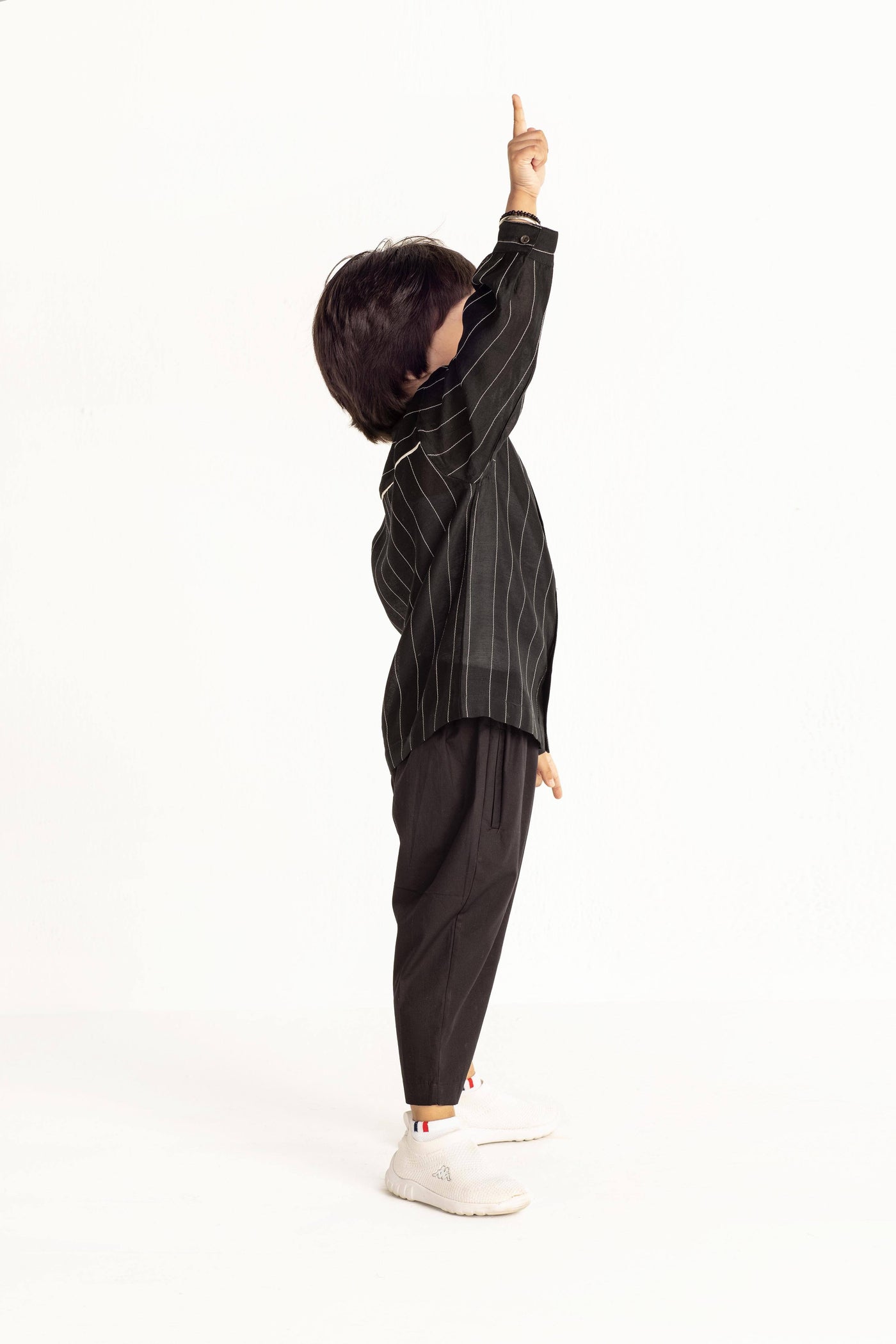 Band Collar Chanderi Shirt Co-ord- Black Kids THREE Kids 