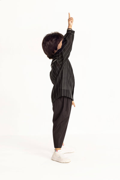 Band Collar Chanderi Shirt Co-ord- Black Kids THREE Kids 