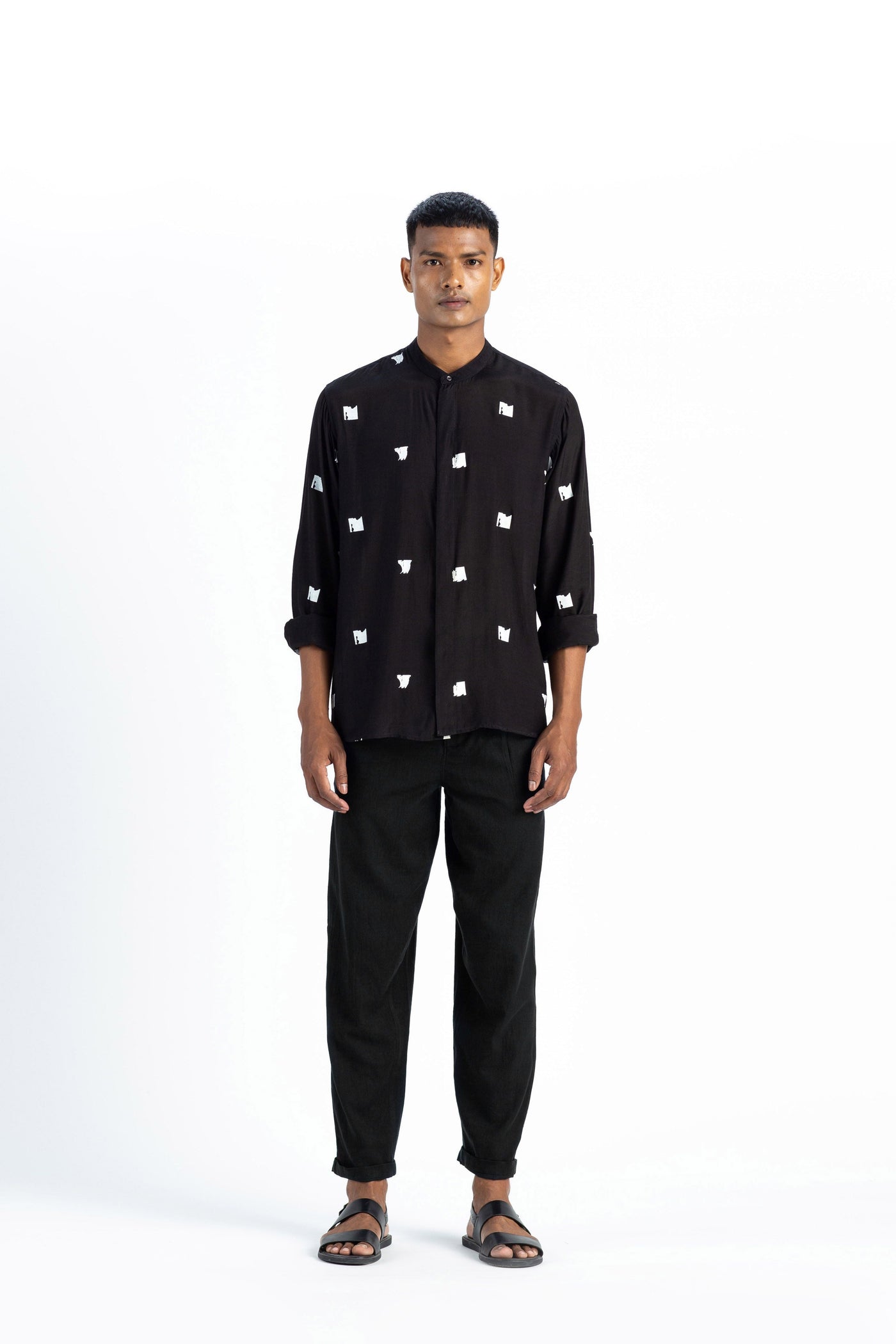 Band Collar Shirt- Black Men THREE Men