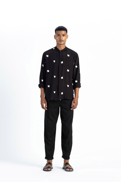 Band Collar Shirt- Black Men THREE Men
