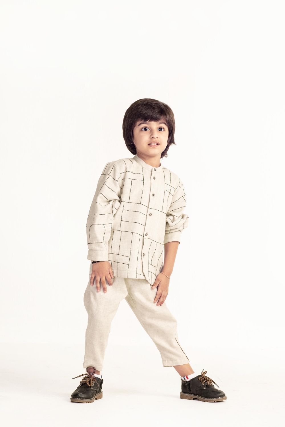 Band Collar Shirt Co-ord - Beige Kids THREE Kids 