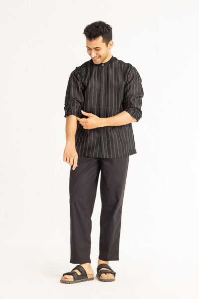 Band Collar Shirt Co-ord- Black Chanderi Men THREE Men