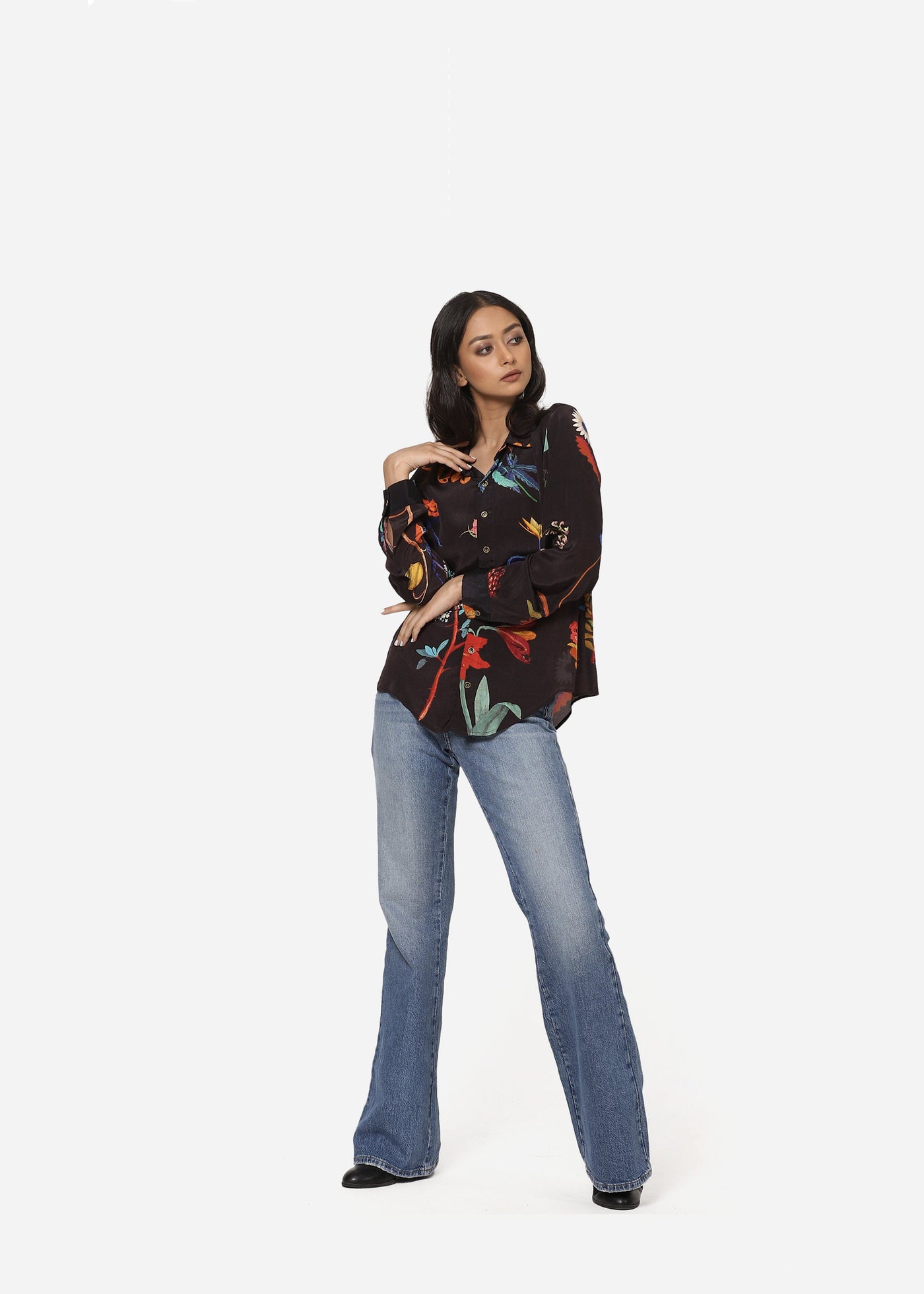 Black Botanical Crepe Shirt Fashion Yam