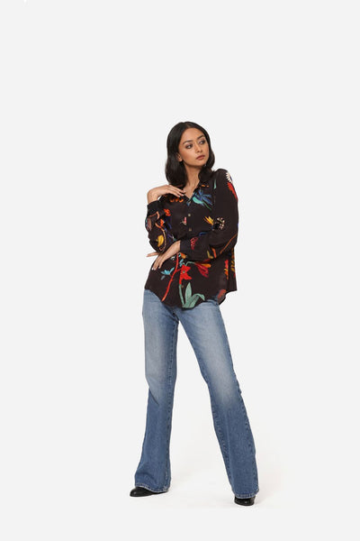 Black Botanical Crepe Shirt Fashion Yam