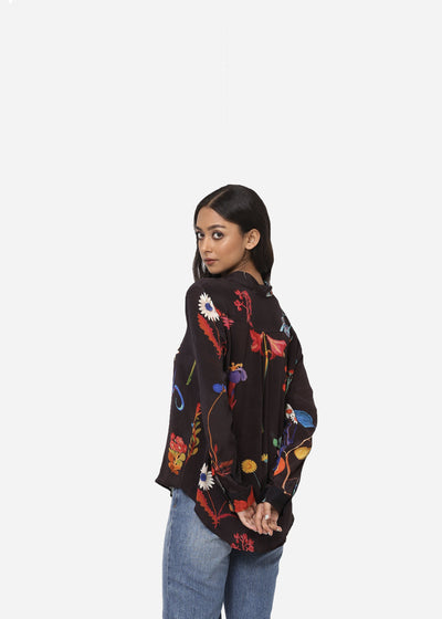 Black Botanical Crepe Shirt Fashion Yam
