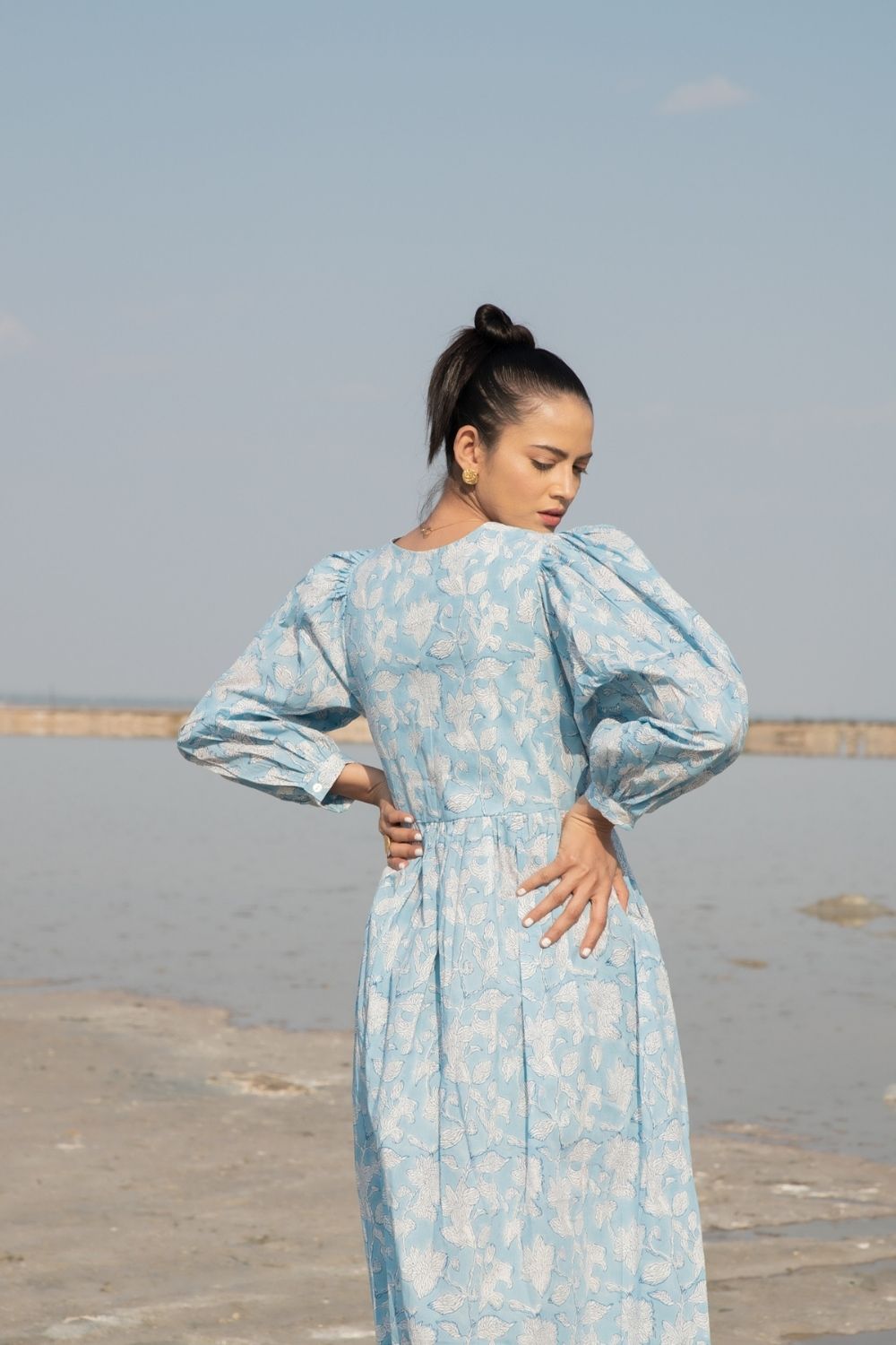 Blue Lilies Gather Dress Fashion Marche