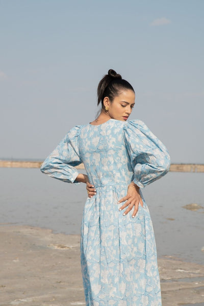 Blue Lilies Gather Dress Fashion Marche