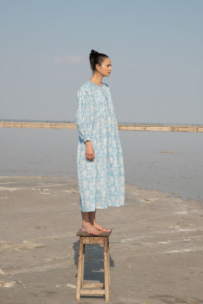 Blue Lilies Gather Dress Fashion Marche