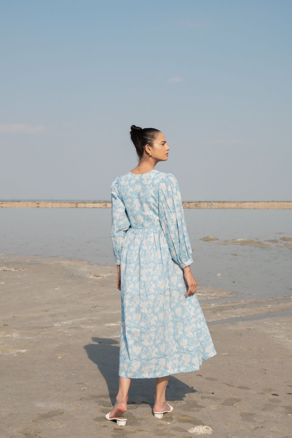 Blue Lilies Gather Dress Fashion Marche