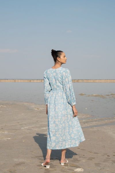 Blue Lilies Gather Dress Fashion Marche