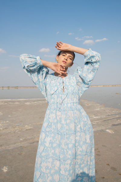 Blue Lilies Gather Dress Fashion Marche