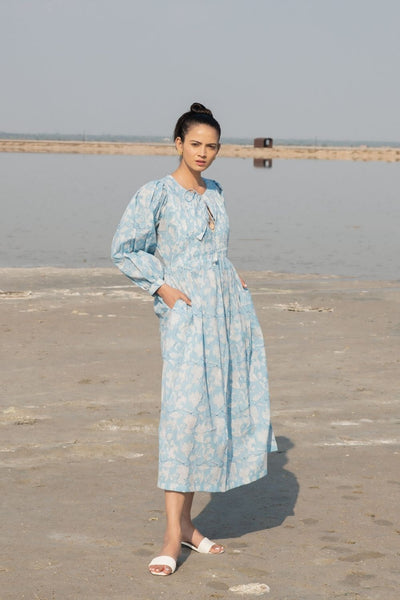 Blue Lilies Gather Dress Fashion Marche