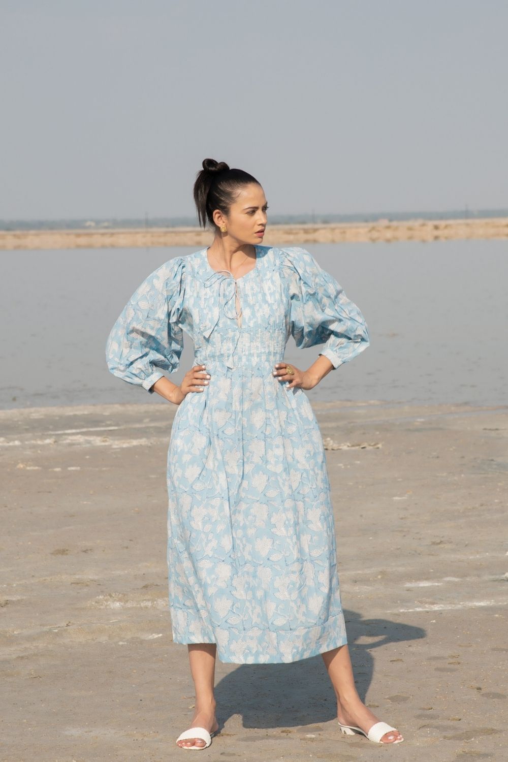 Blue Lilies Gather Dress Fashion Marche