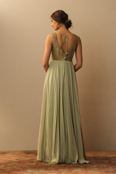 Brocade bodice long dress aquamarine Fashion Mallika Mathur