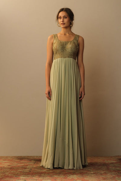 Brocade bodice long dress aquamarine Fashion Mallika Mathur