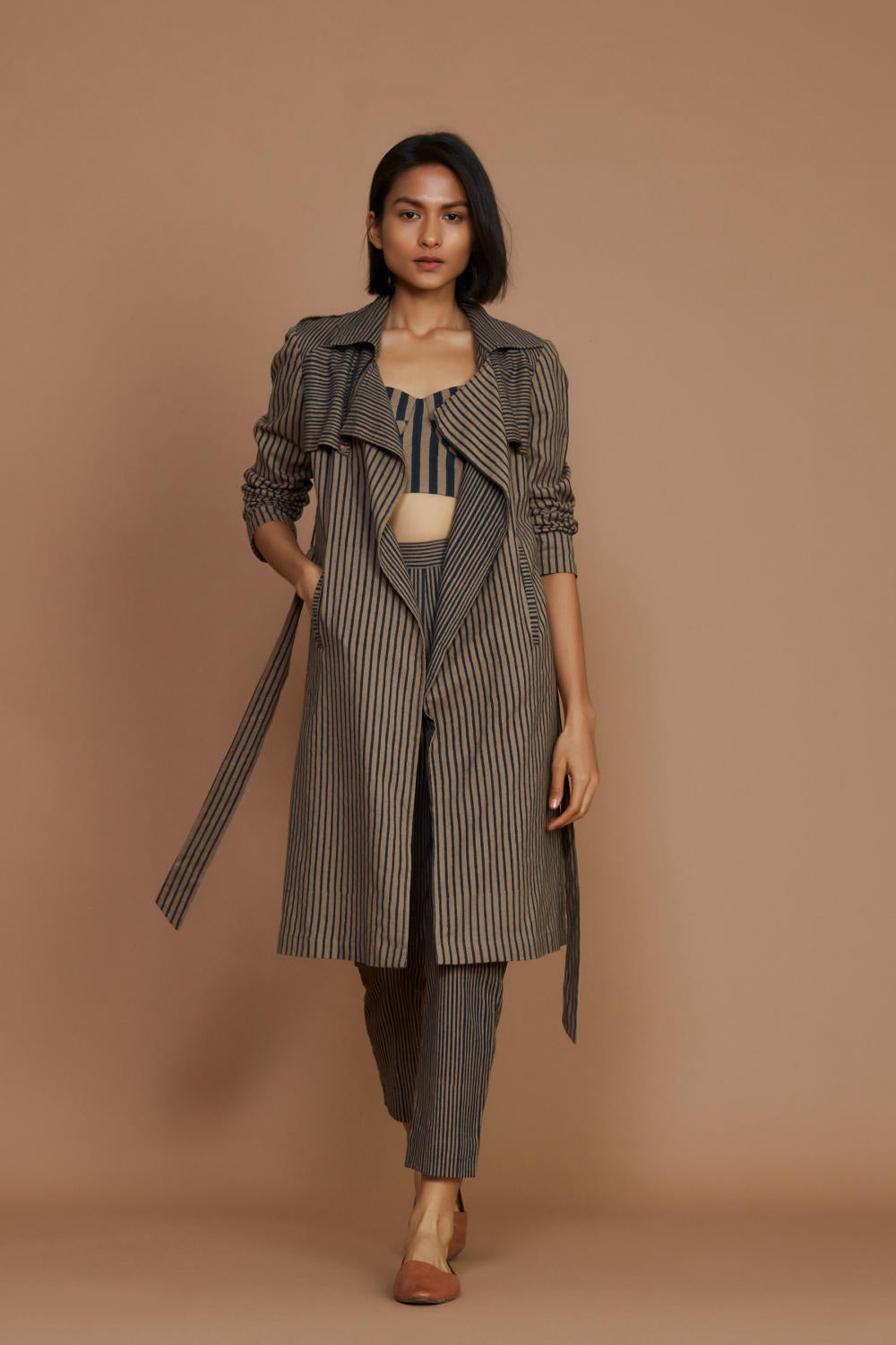 Brown with Charcoal Striped Trench & Corset Co-Ord Set Fashion Mati