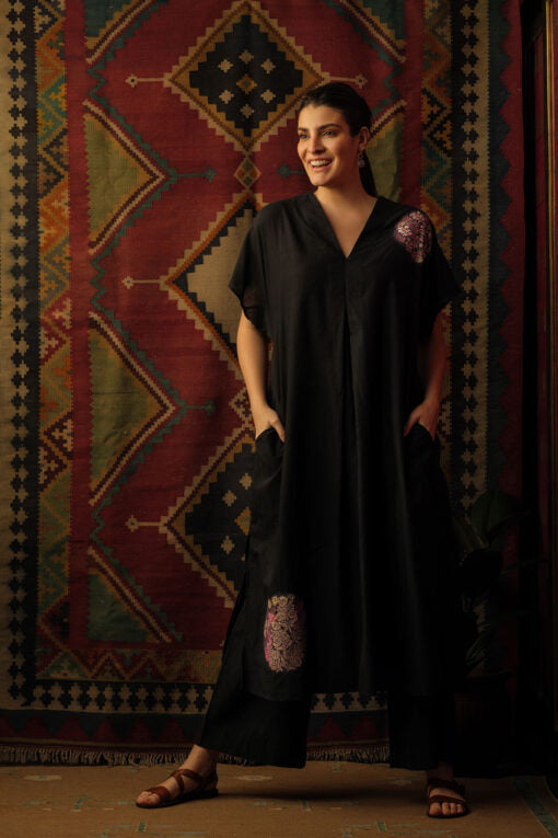 ‘Chakri’ Appliqué Embroidered kaftan black Fashion Mallika Mathur