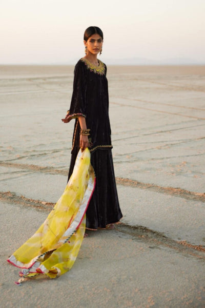 CHARCOAL BLACK SILK VELVET GHARARA SET Fashion Rajiramniq
