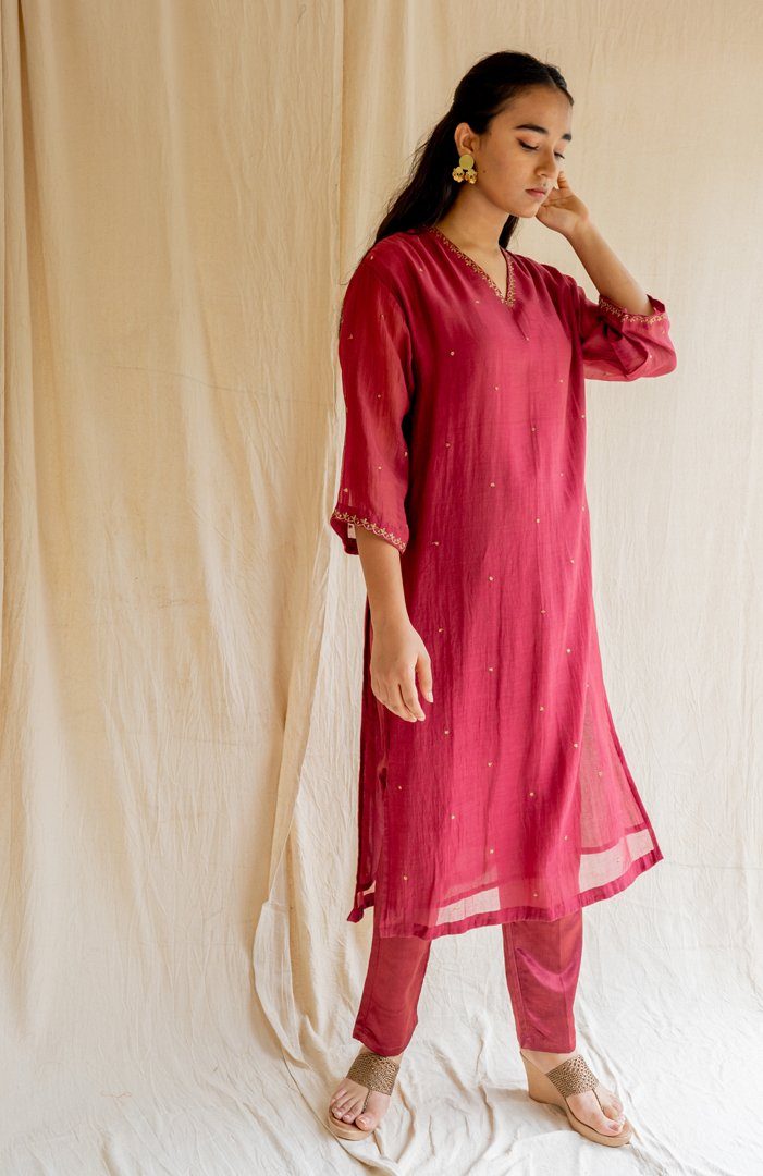 Cherry Red Baad Kurta Set Fashion Nirjara