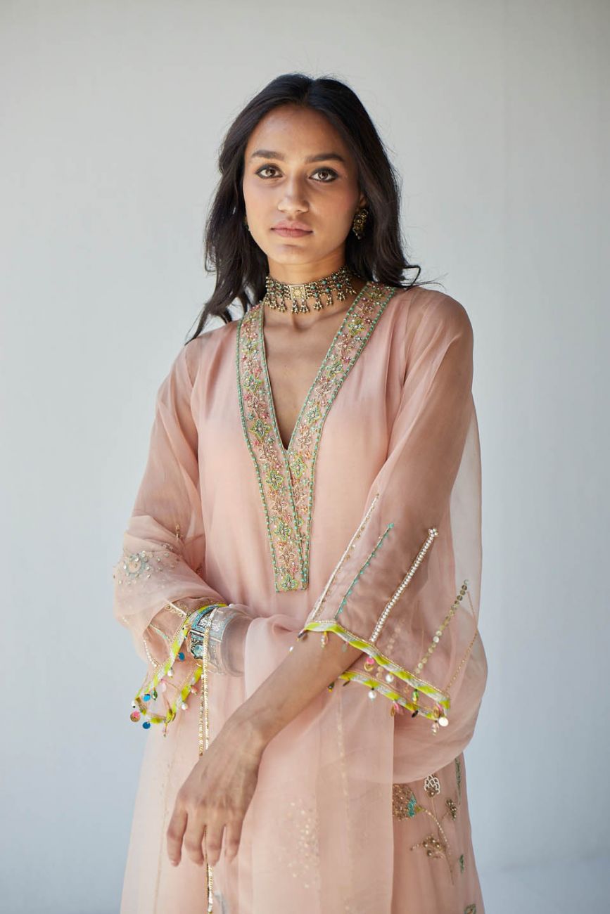 NUDE PINK JAAL ORGANZA KURTA SET