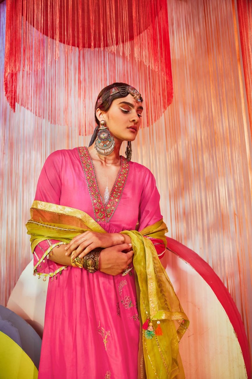 HOT PINK JAAL SILK KURTA SET
