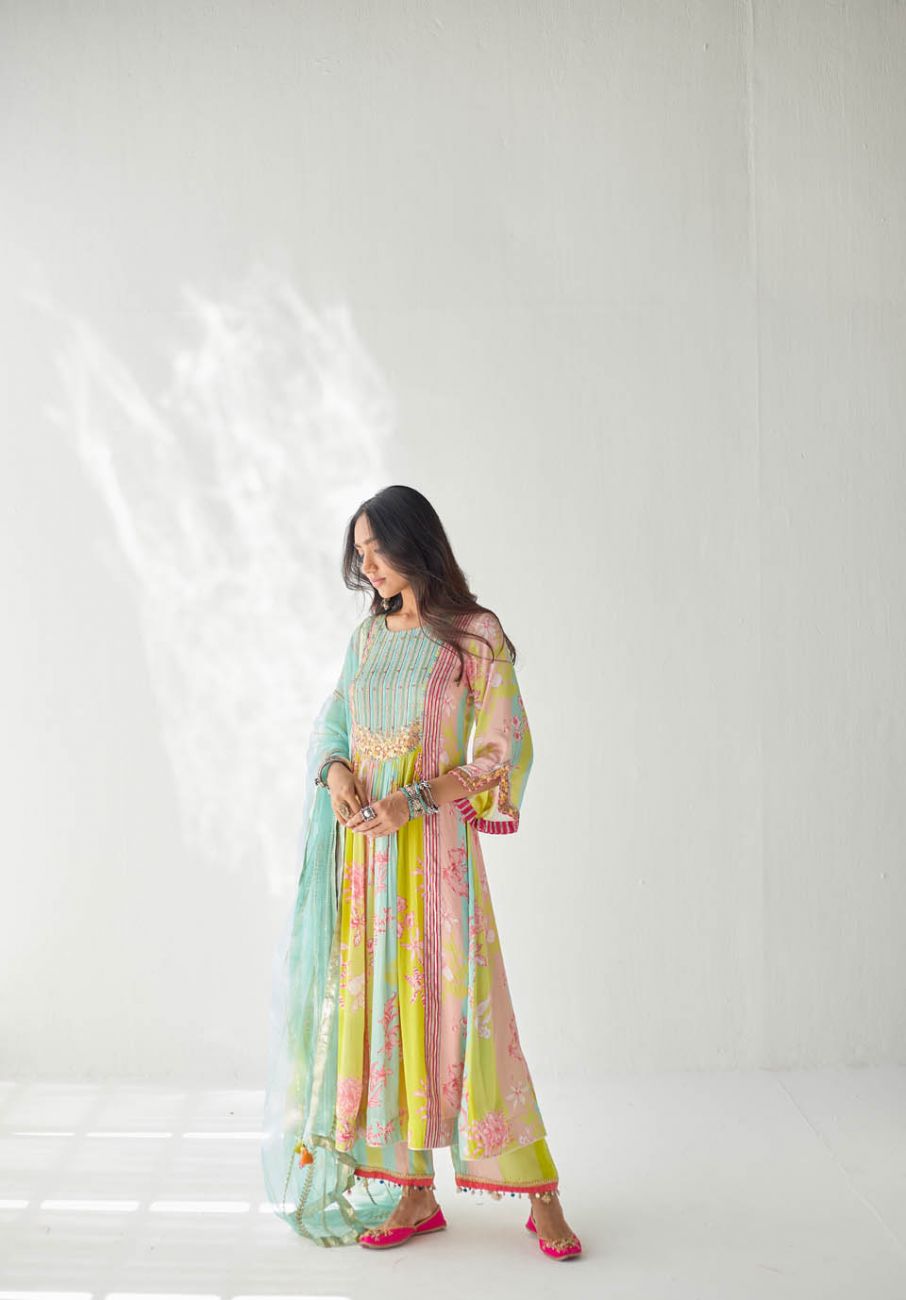 LIME YELLOW ORCHID FRONT PUCKERING YOKE KURTA SET
