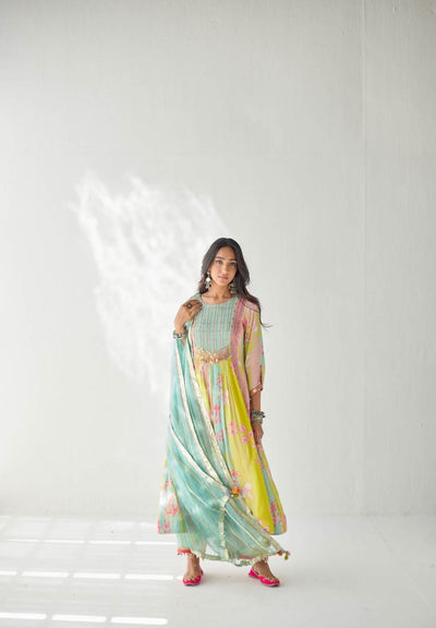 LIME YELLOW ORCHID FRONT PUCKERING YOKE KURTA SET
